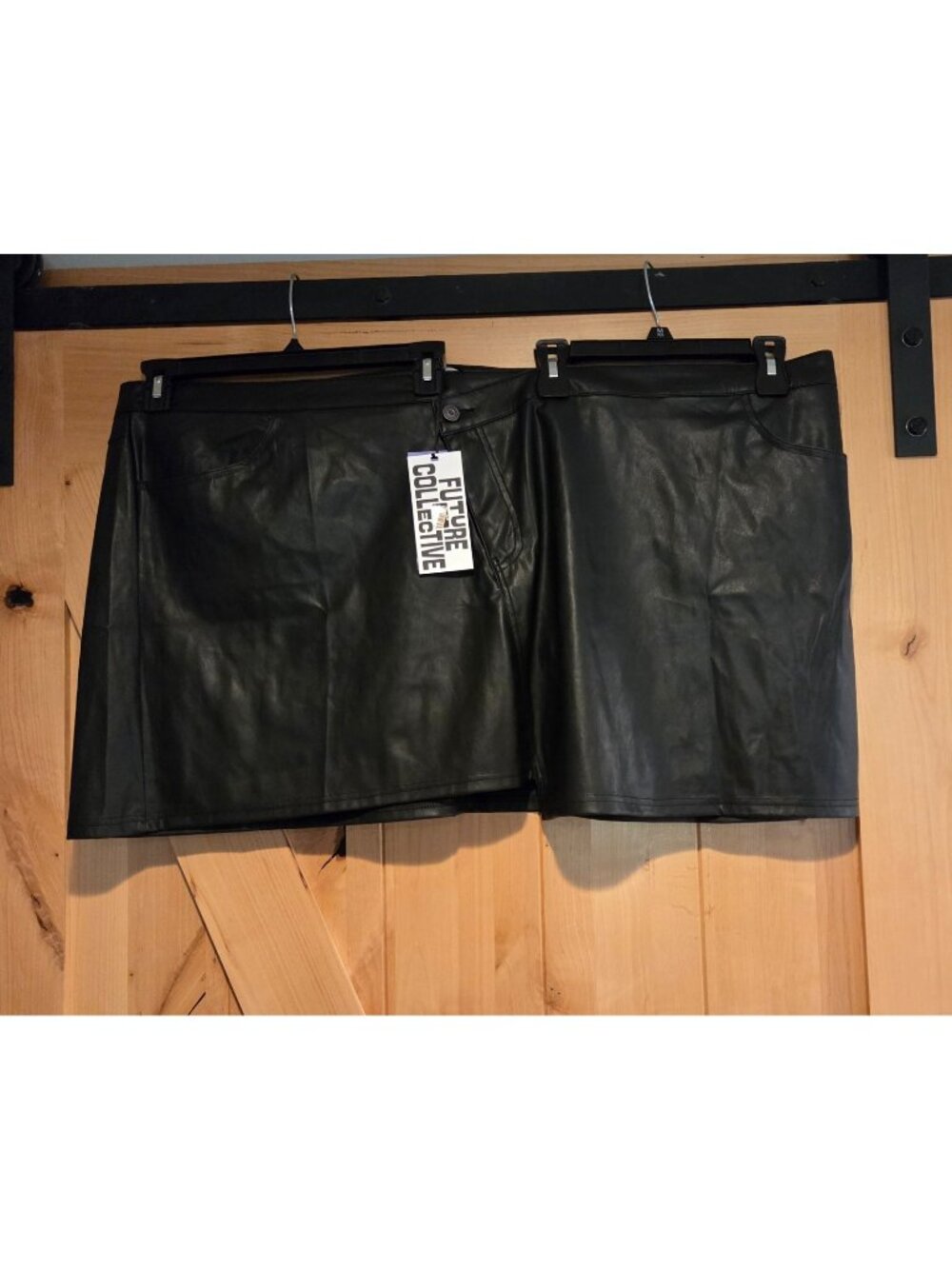 Future Collective Mini Skirt Sz 28W/30W Black Faux Leather Asymmetrical Pockets
